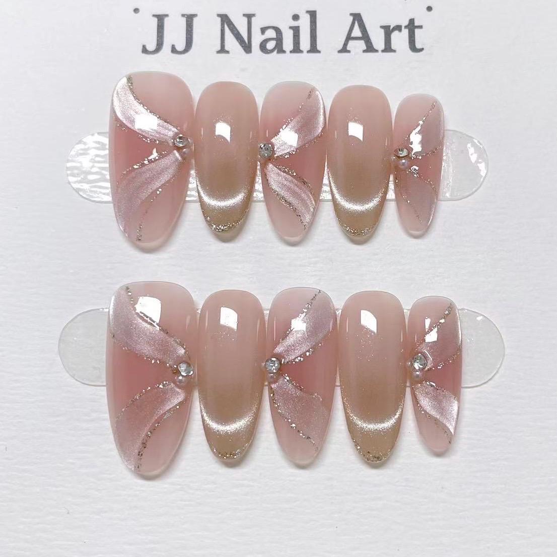 Cat Eye Ribbon Hand Painted Press On Nails: Custom Shape Reusable Nail Set