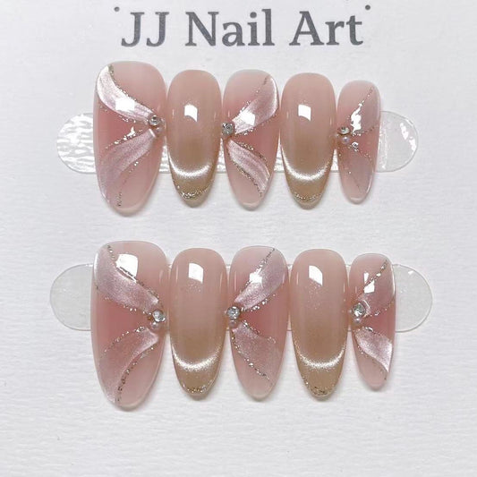 Cat Eye Ribbon Hand Painted Press On Nails: Custom Shape Reusable Nail Set