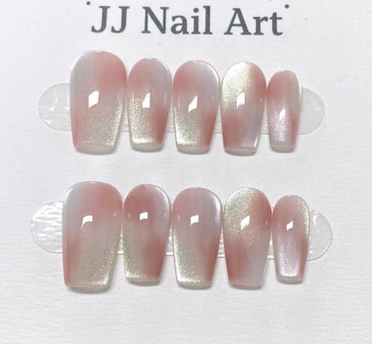 Light Pink Smudge Cat Eye Hand Painted Press On Nails: Custom Shape Reusable Nail Set