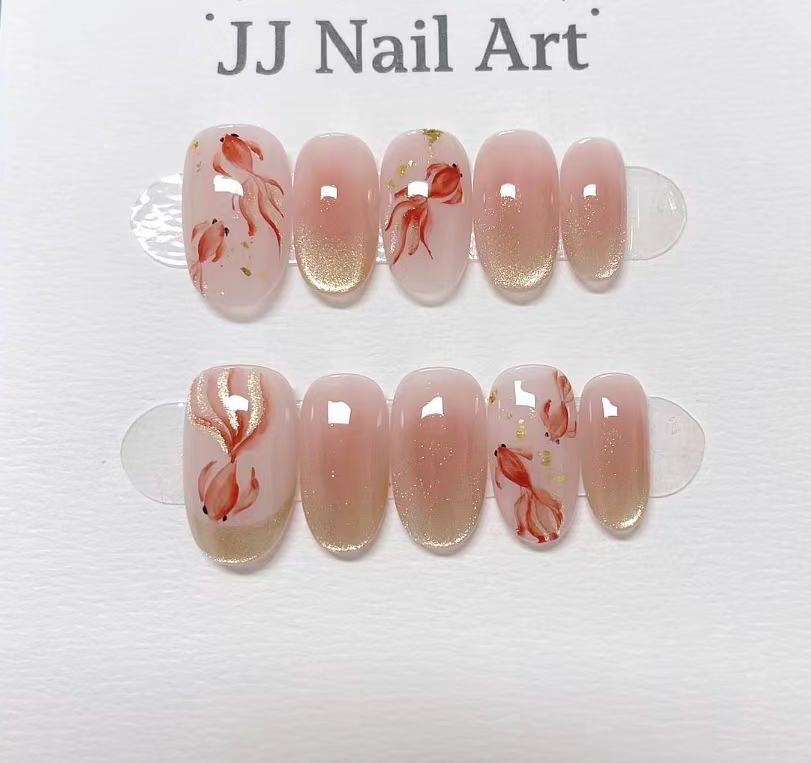 Fish Cat Eye French Hand Painted Press On Nails: Custom Shape Reusable Nail Set