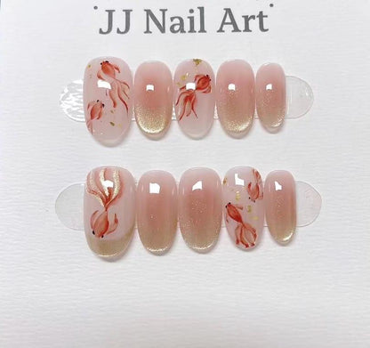 Fish Cat Eye French Hand Painted Press On Nails: Custom Shape Reusable Nail Set