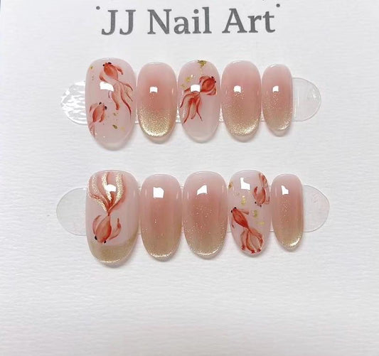 Fish Cat Eye French Hand Painted Press On Nails: Custom Shape Reusable Nail Set