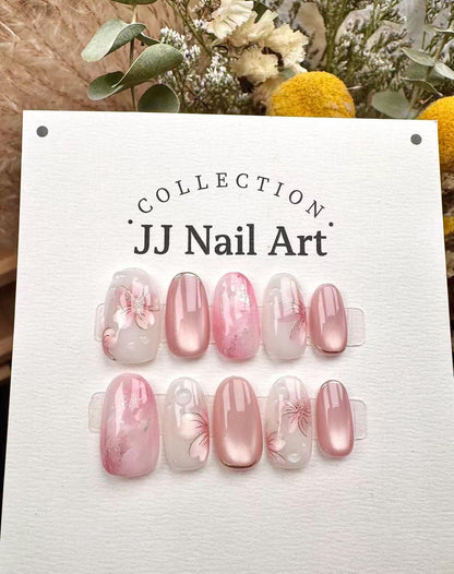 Handmade Pink Smudge Petals Press On Nails: Reusable Custom Shape Set