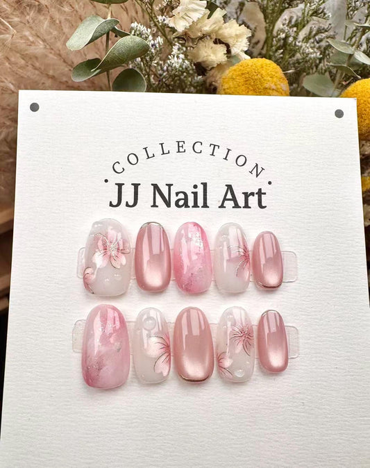 Handmade Pink Smudge Petals Press On Nails: Reusable Custom Shape Set