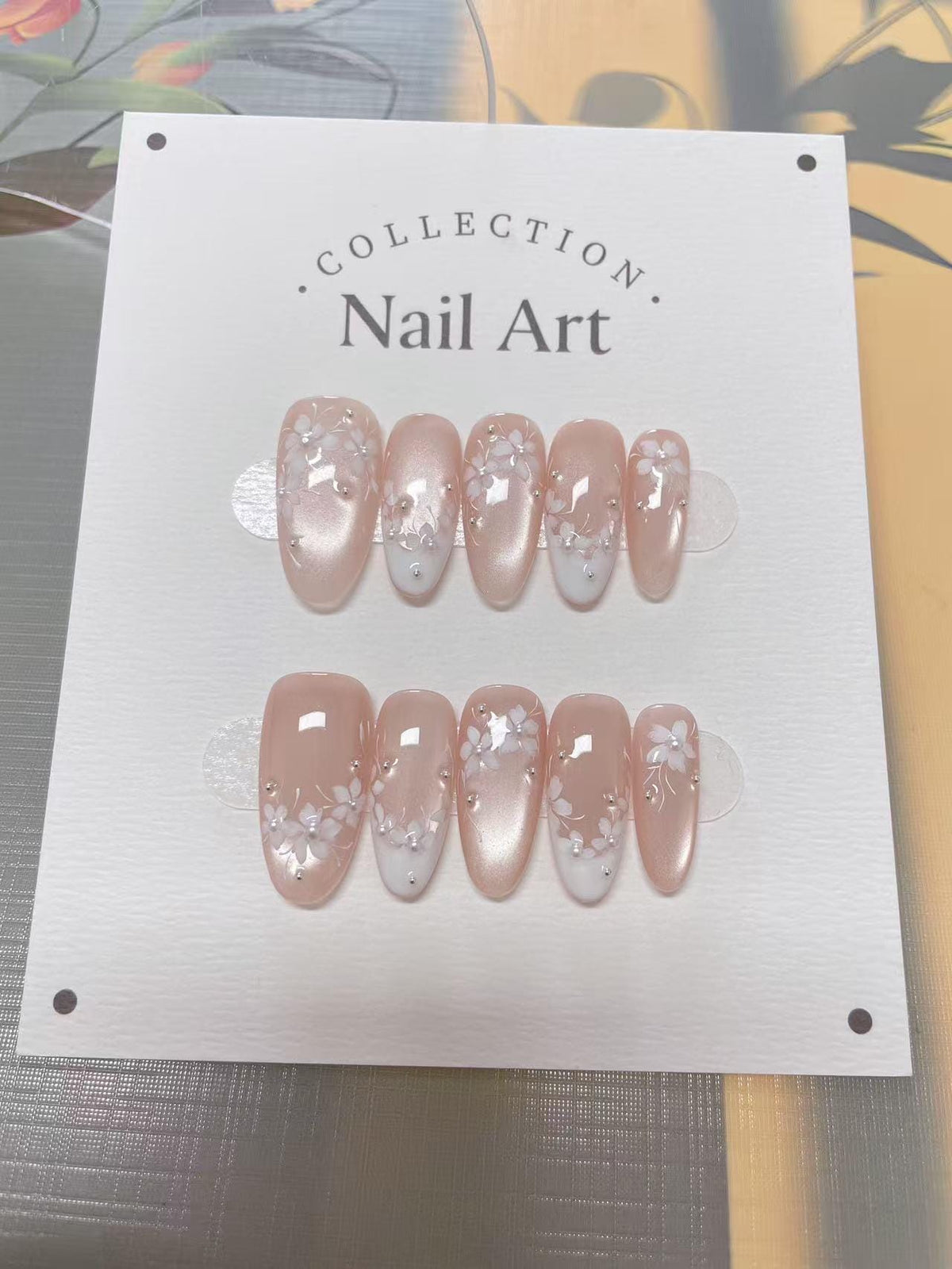 Hand Painted French Cat Eye Press On Nails: Elegant Petal Design