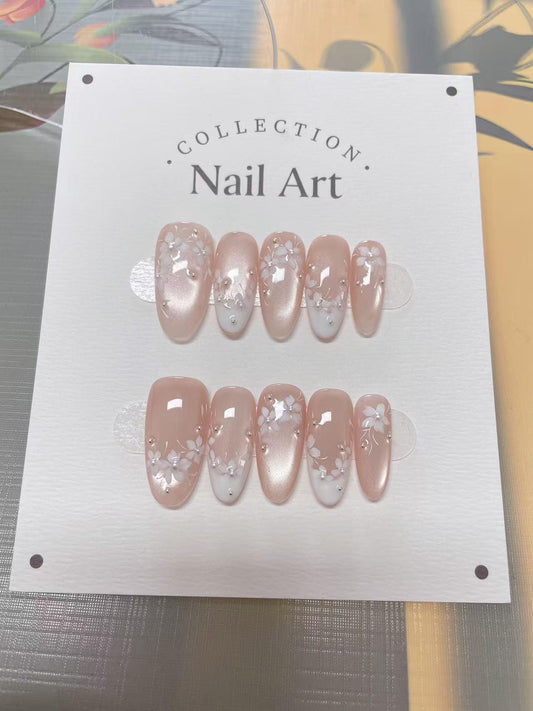 Hand Painted French Cat Eye Press On Nails: Elegant Petal Design