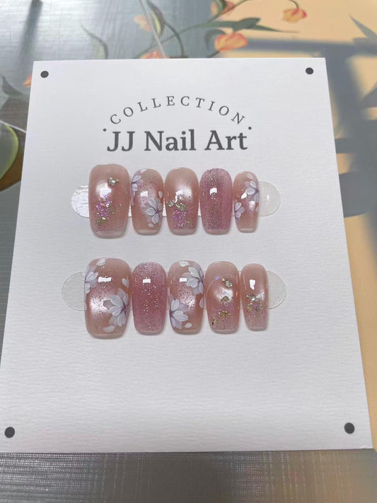 Handmade Petals Glitters Cat Eye Press On Nails: Reusable Set