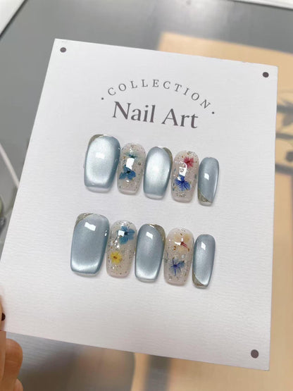 Beach Flowers Press On Nails: Hand Painted Reusable Faux Nails