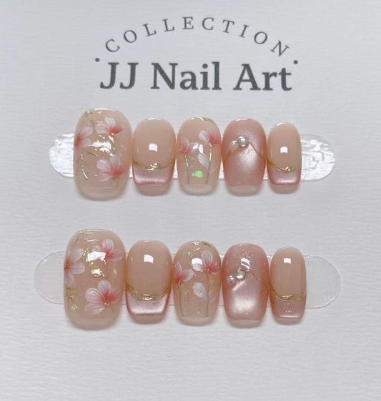 Handmade Floral Press On Nails: Reusable Set, Pink Petals Design