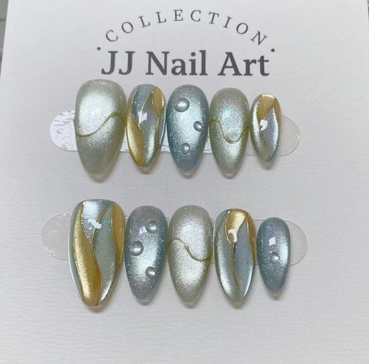 Water Bule Handmade Press On Nails: Custom Shape Reusable Set