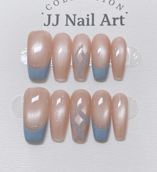 Skyblue French Press On Nails: Reusable Custom Shape Set