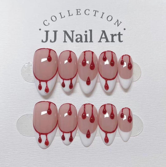 Handmade Blood Drops White French Press On Nails: Reusable Nail Set