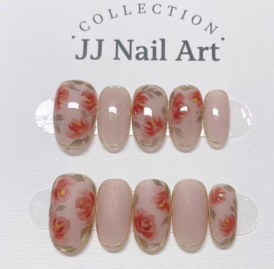 Custom Shape Red Flowers Press On Nails: Hand Painted Reusable Fake Nails