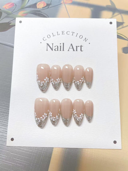 Floral Glitter French Press On Nails: Hand Painted Reusable Faux Nails