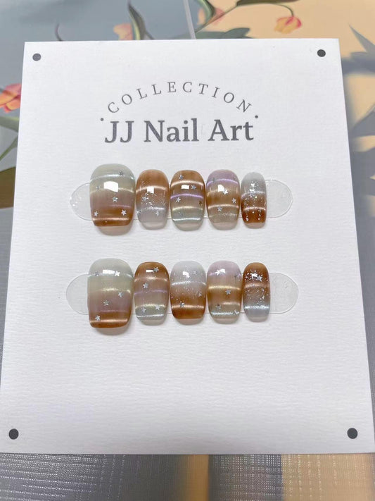 Stars Cat Eye Hand Paint Press On Nails: Custom Shape Reusable Nail Set