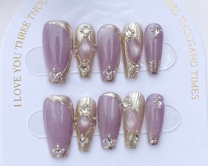 Falling Cherry Blossom Press On Nails: 3D Gel, Medium Coffin