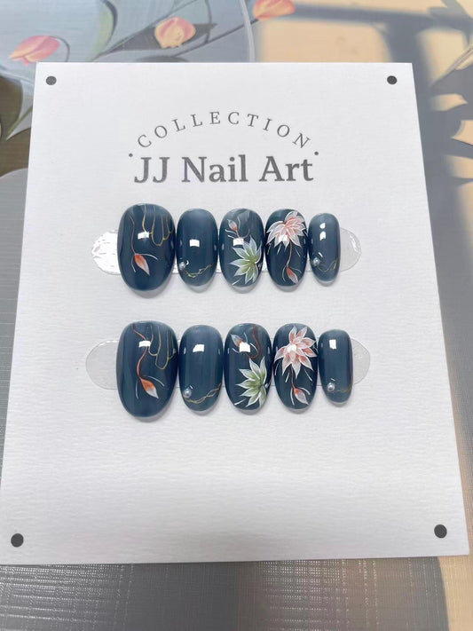 Water Lilies Hand Painted Press On Nails: Custom Shape Reusable Nail Set