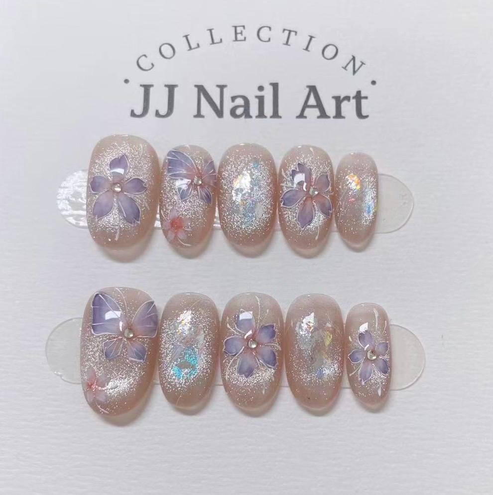 Handmade Purple Butterflies Cat Eye Press On Nails: Reusable Set