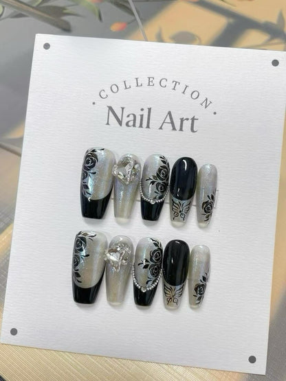 Black Rose Press On Nails: Hand Painted Diamond Accent Faux Nails