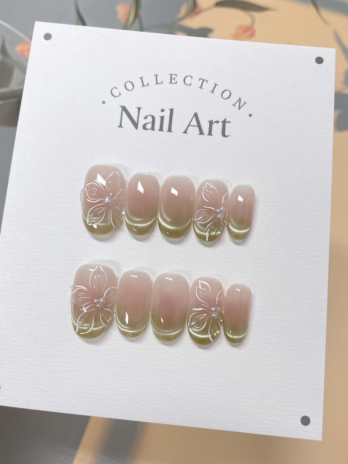 Hand Painted Flower Cat Eye Press On Nails: Reusable Artist Faux Nails