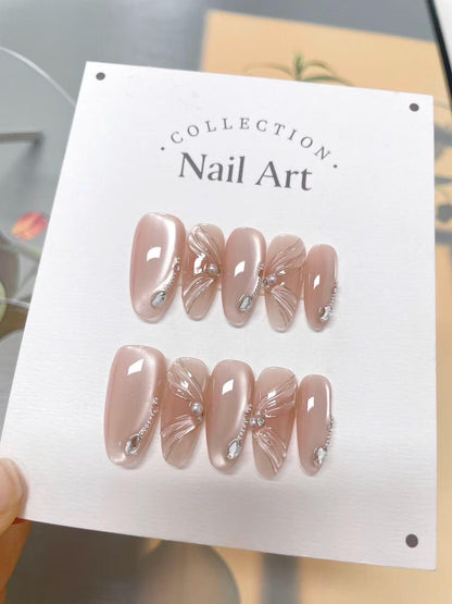 Hand Painted Press On Nails, Nude Wings, Reusable Fake Nails