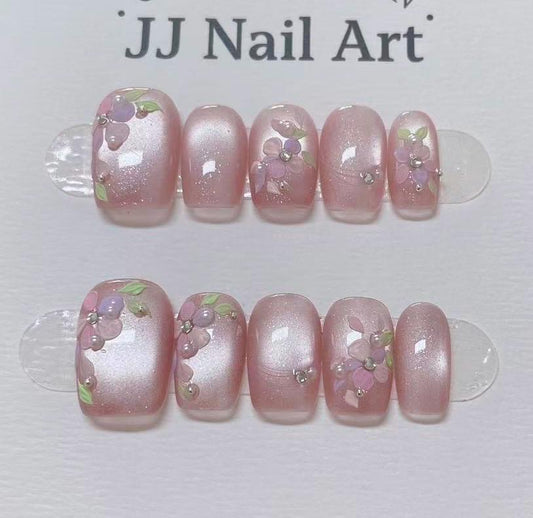 Handmade Pastels Petals Cat Eye Press On Nails: Reusable Set