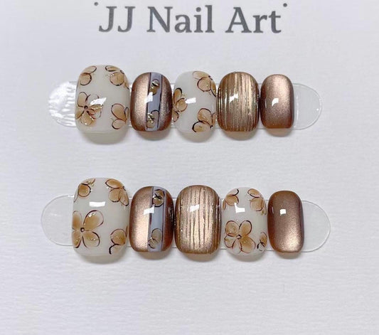Custom Shape Hand Painted Press On Nails: Light Brown Petals Cat Eye Reusable Nail Set