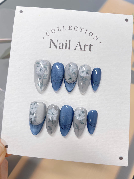 Ocean Blue Cat Eye Press On Nails: White Floral, Reusable Faux Nails