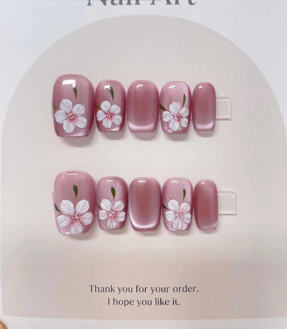 Handmade Pink Rose Cat Eye Press On Nails: Reusable Coquette Faux Nails