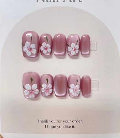Handmade Pink Rose Cat Eye Press On Nails: Reusable Coquette Faux Nails