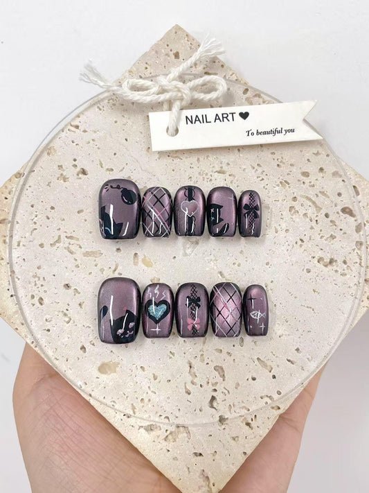 Handmade Kitty & Hearts Press On Nails, Reusable Custom Nail Shape
