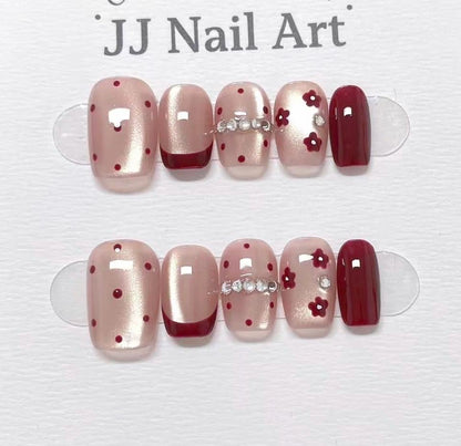 Polka Dots Hand Painted Press On Nails: Custom Shape Reusable Nail Set