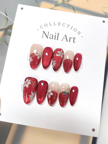 Handmade Red Cat Eye Press On Nails: Floral Artist Faux Nails