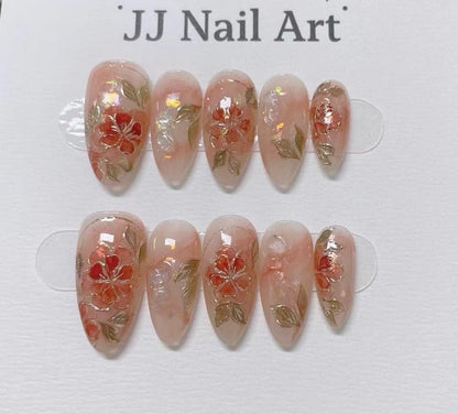 Handmade Floral Press On Nails: Reusable Custom Shape Set