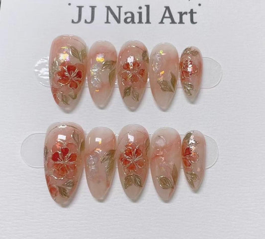 Handmade Floral Press On Nails: Reusable Custom Shape Set