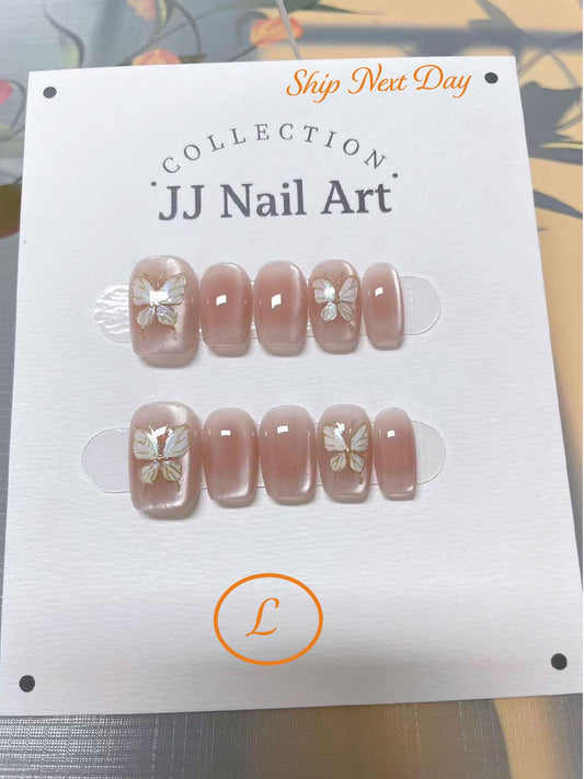 Cat Eye Butterfly Hand Painted Press On Nails: Custom Shape Reusable Nail Set