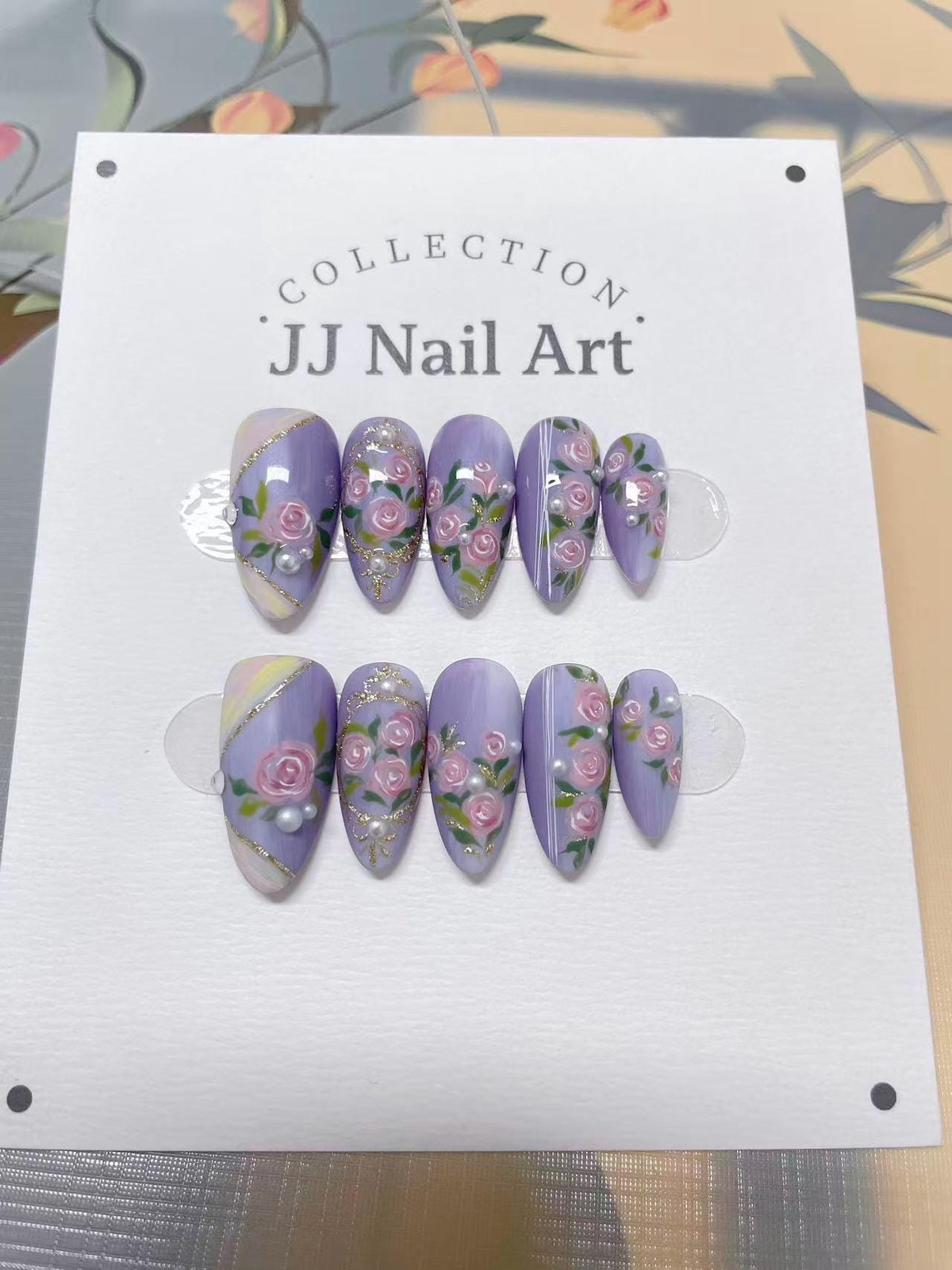 Purple Lover Roses Hand Painted Press On Nails: Custom Shape Reusable Nail Set