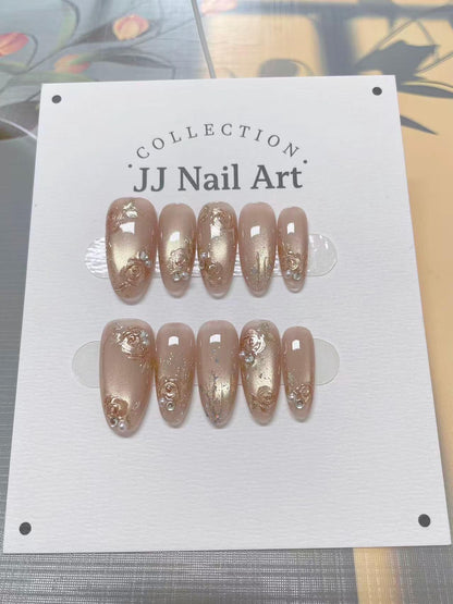 Gold Roses Cat Eye Press On Nails: Reusable Custom Nail Set