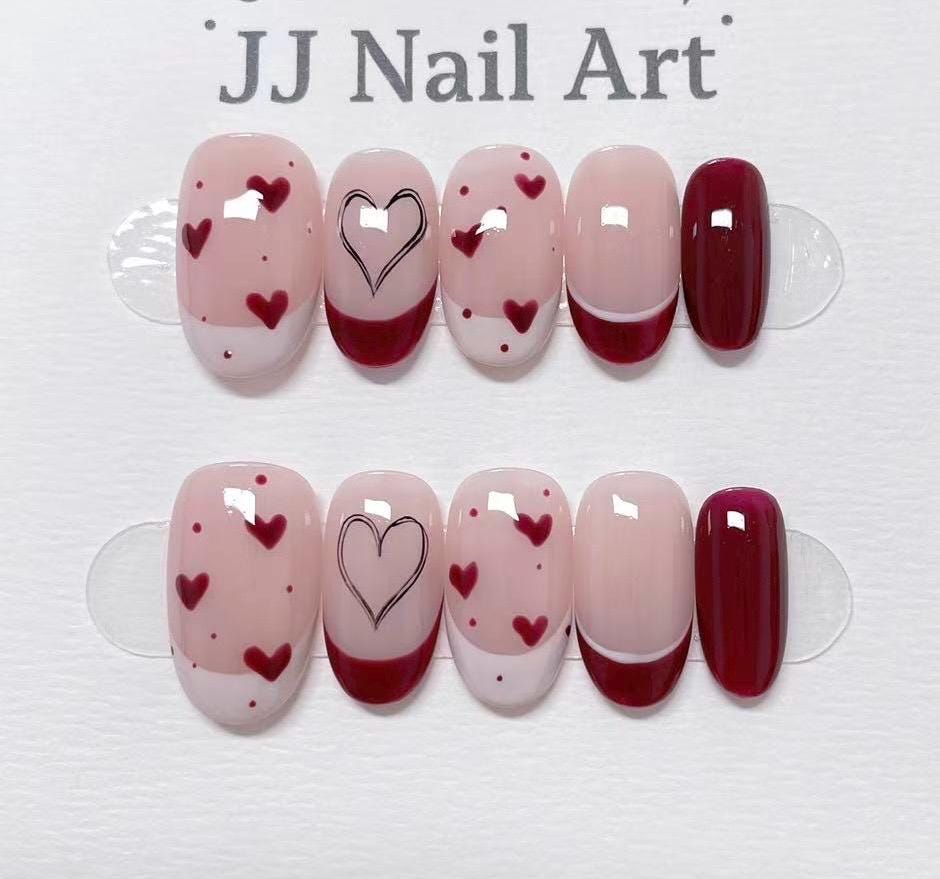 Valentines Hearts French Hand Painted Press On Nails: Custom Shape Reusable Nail Set