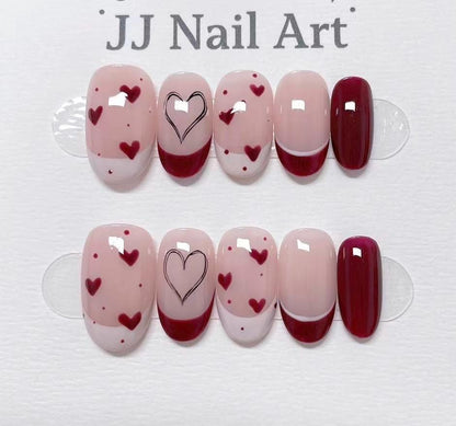 Valentines Hearts French Hand Painted Press On Nails: Custom Shape Reusable Nail Set