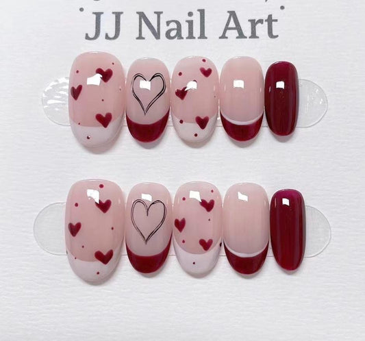 Valentines Hearts French Hand Painted Press On Nails: Custom Shape Reusable Nail Set