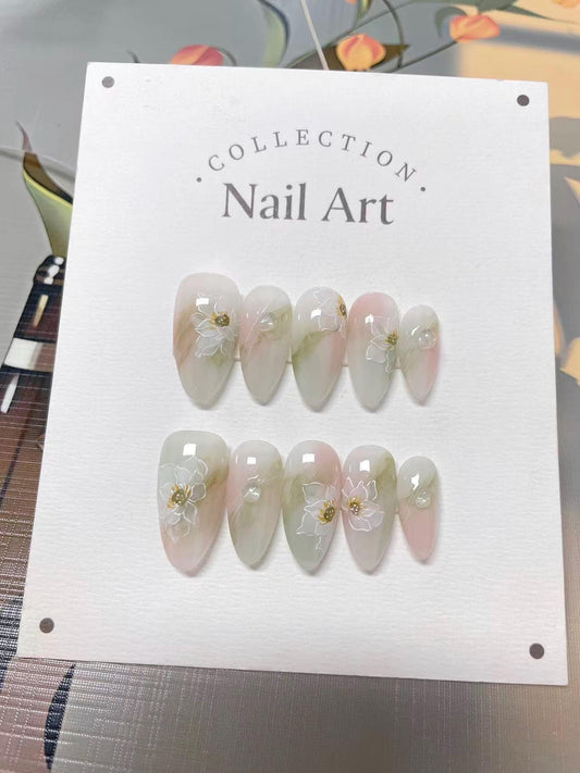 Hand Painted Watercolor Press On Nails: Pink Green Artist Faux Nails