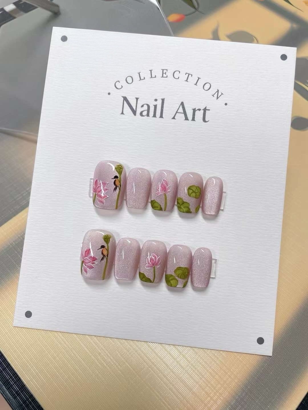 Hand Painted Press On Nails: Fall Floral Gel Faux Nails
