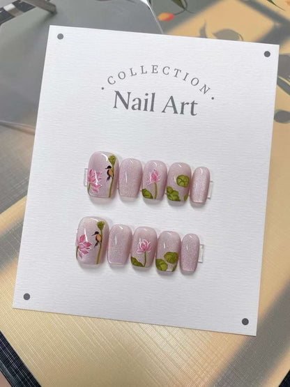 Hand Painted Press On Nails: Fall Floral Gel Faux Nails