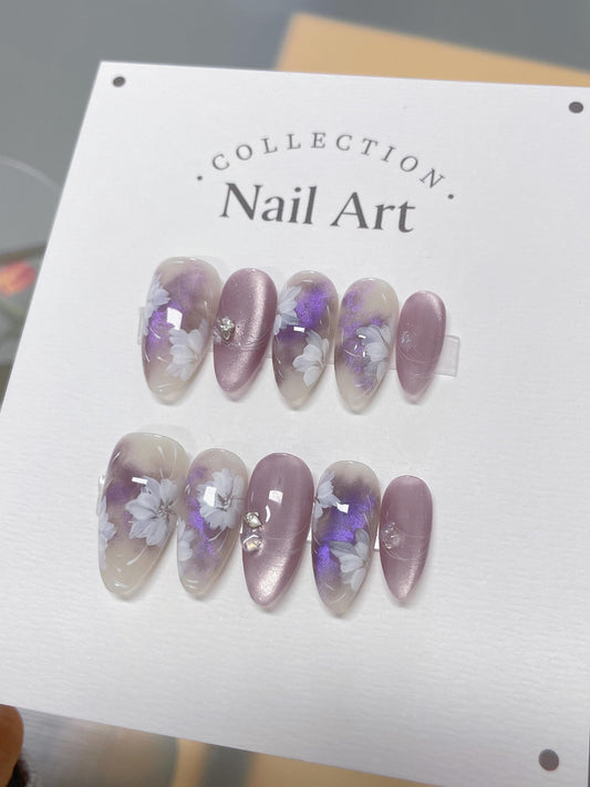 Purple Cat Eye Press On Nails: Hand-Painted Floral Faux Nails