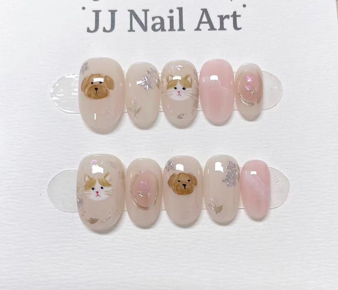 Cats And Dogs Hand Painted Press On Nails: Custom Shape Reusable Nail Set