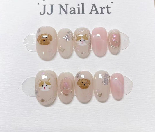Cats And Dogs Hand Painted Press On Nails: Custom Shape Reusable Nail Set