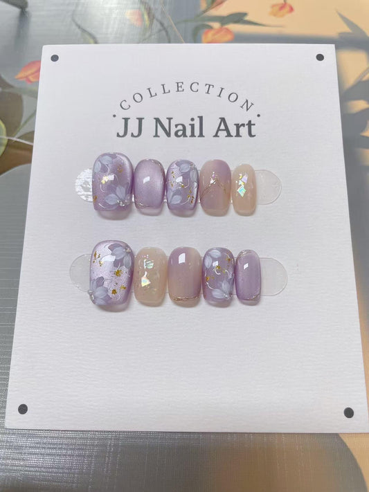 Purple Cat Eye Hand Painted Press On Nails: Custom Shape Reusable Nail Set