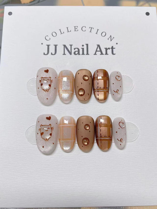 Custom Shape Press On Nails: Smiling Cats Hand Painted, Reusable Fake Nails