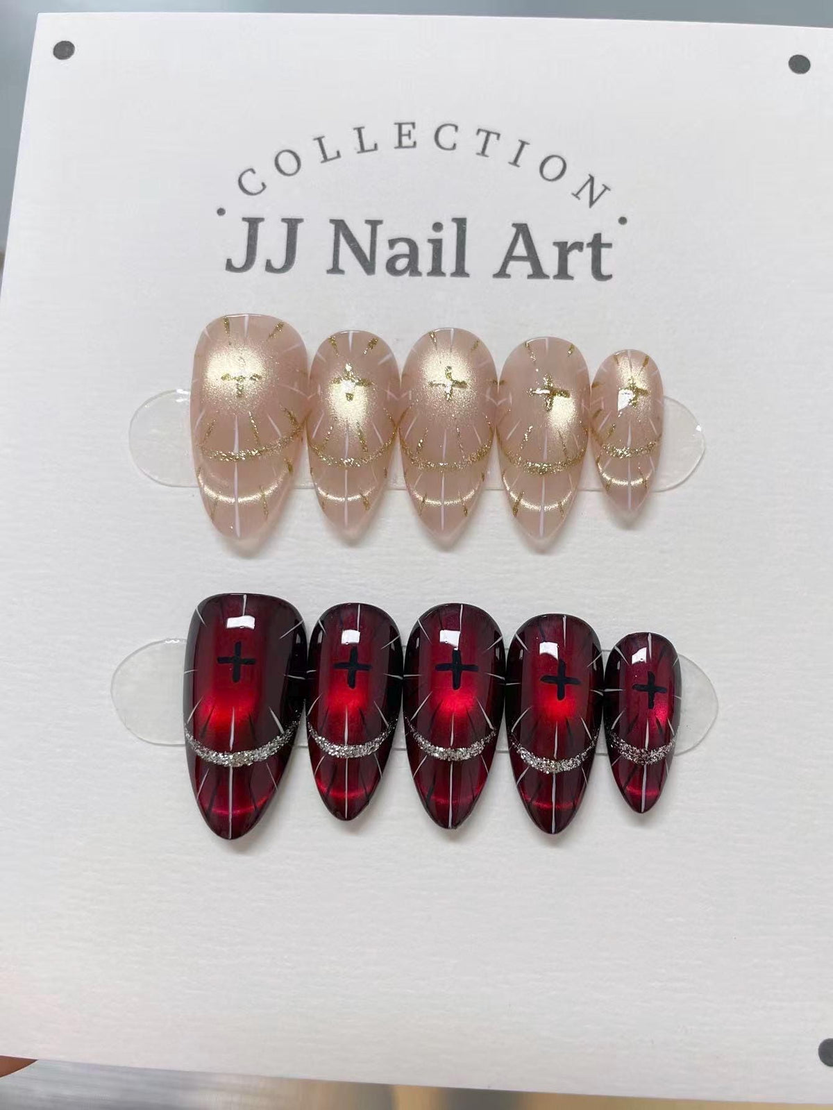 Hand Painted Press On Nails: Shinning across Red Reusable Custom Nail Shape